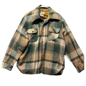 Vintage Montgomery Ward C.P.O. Flannel Button Up Mens XL Green Brown Wool 70s